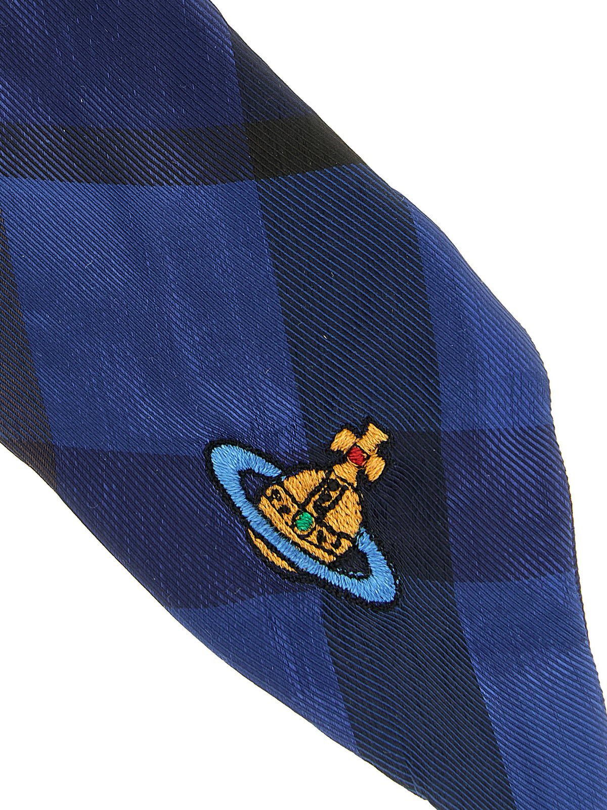Indulge in the Vivienne Westwood Blue Polyester Scrunchie, a luxurious accessory crafted in Italy, featuring a rich tartan pattern and iconic logo, perfect for elevating your style.