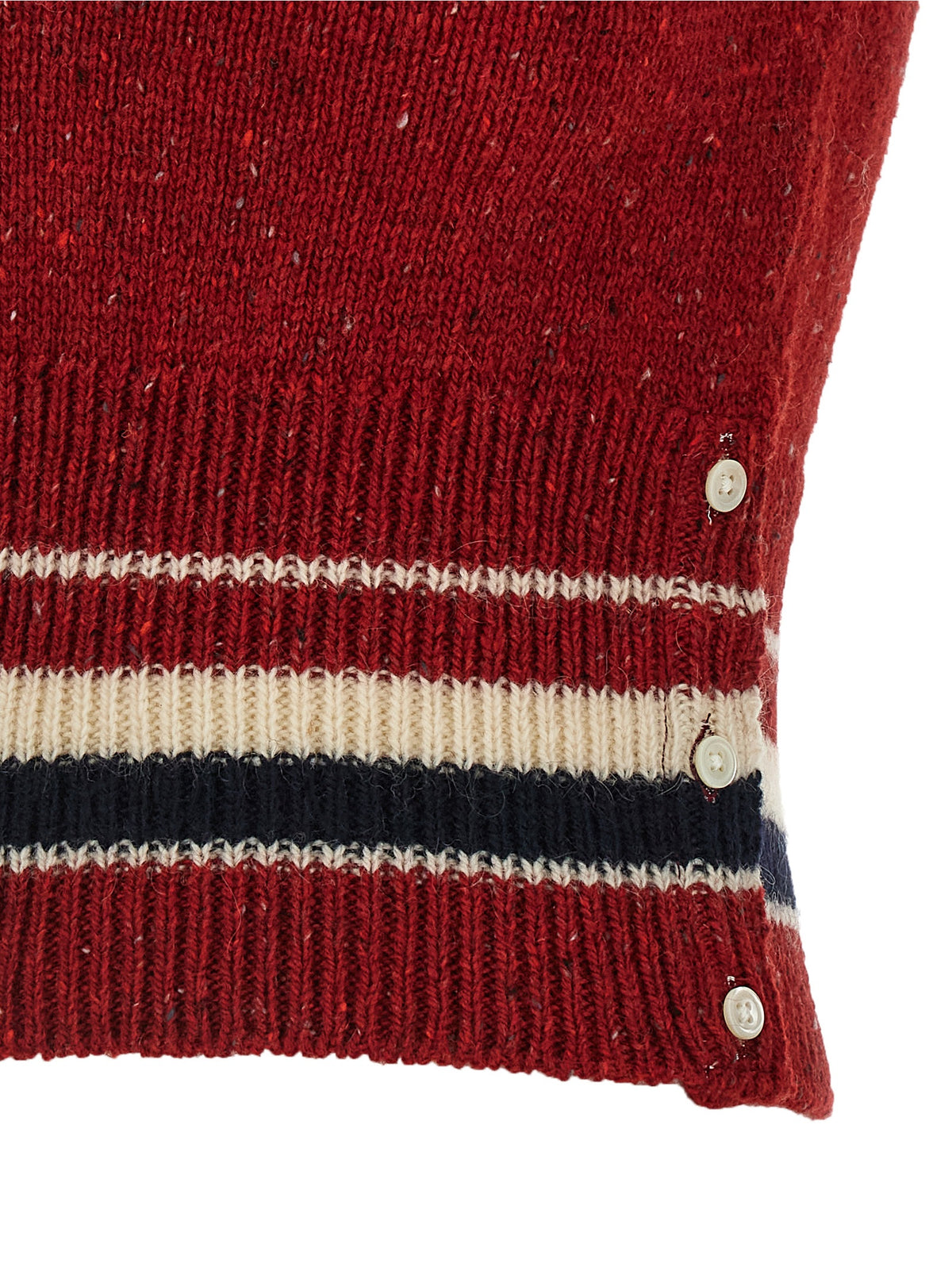 Elevate your wardrobe with the Thom Browne Red Wool Sleeveless Jacket, a masterpiece of luxurious craftsmanship blending sophistication and playful elegance for timeless allure.