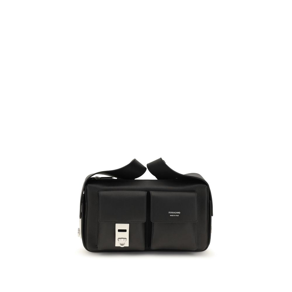 Ferragamo Black Calf Leather Utility Shoulder Bag - Timeless Luxury