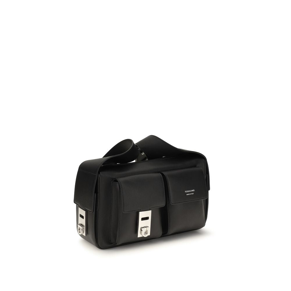 Ferragamo Black Calf Leather Utility Shoulder Bag - Luxury Redefined