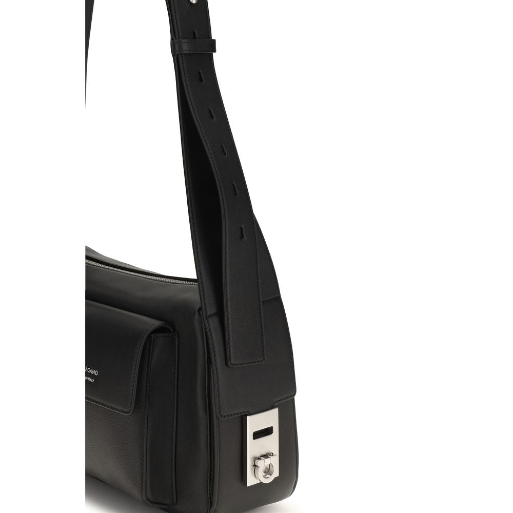 Ferragamo Black Calf Leather Utility Shoulder Bag - Luxury Redefined