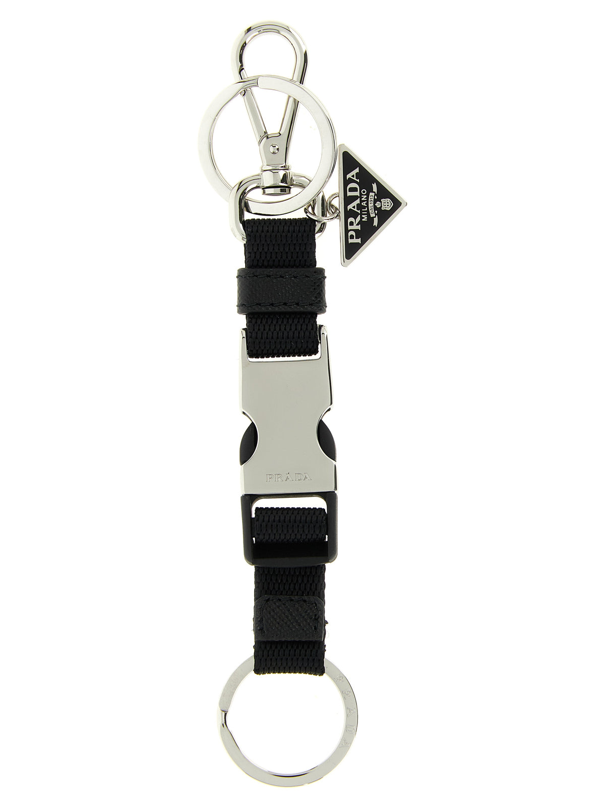 Elevate your accessory game with the Prada Black Stainless Steel Keychain, a fusion of functionality and fashion, crafted in Italy for the discerning trendsetter.