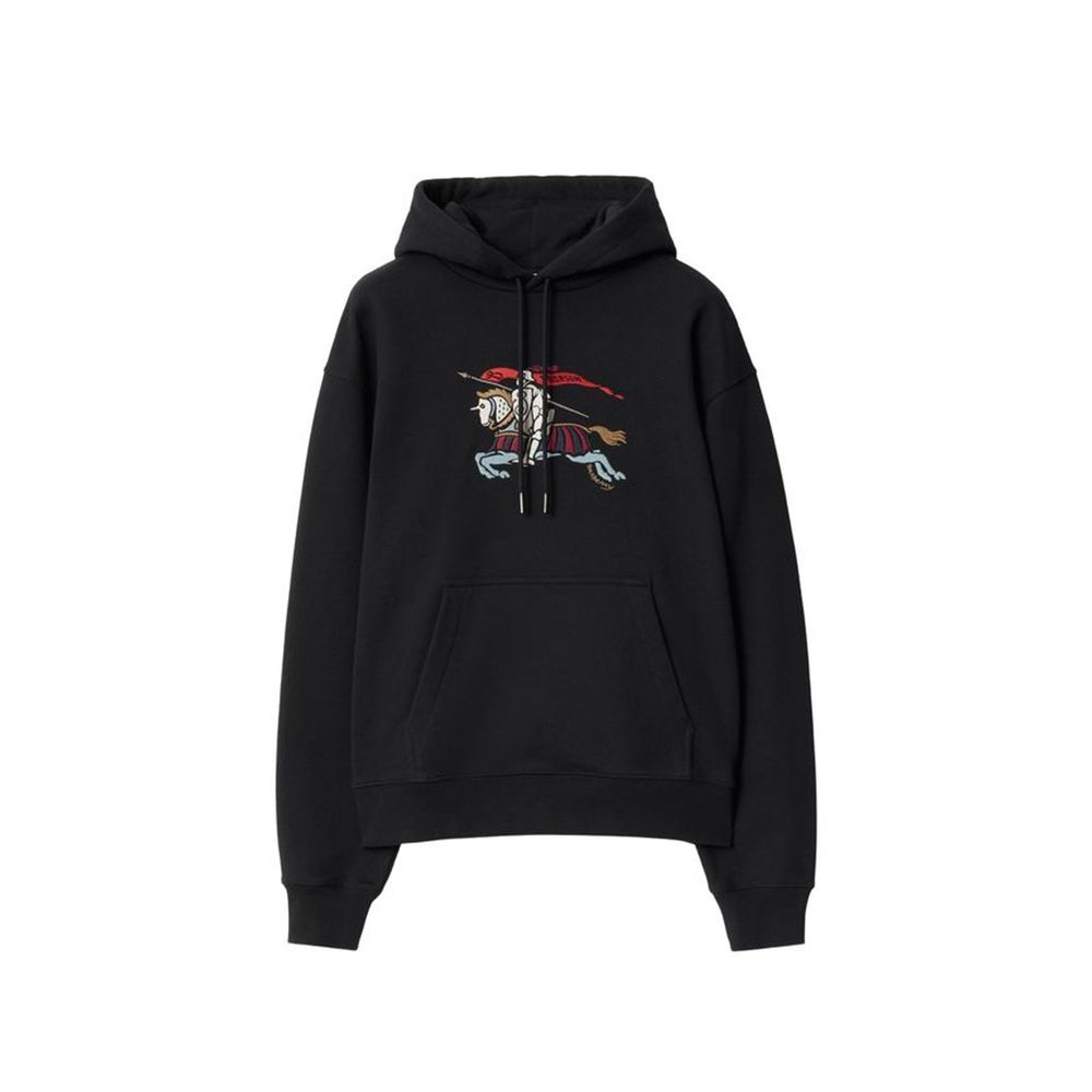 Indulge in the Burberry Black Cotton Hoodie, a masterpiece of comfort and style, crafted from 100% cotton with an embroidered logo, perfect for the discerning individual.