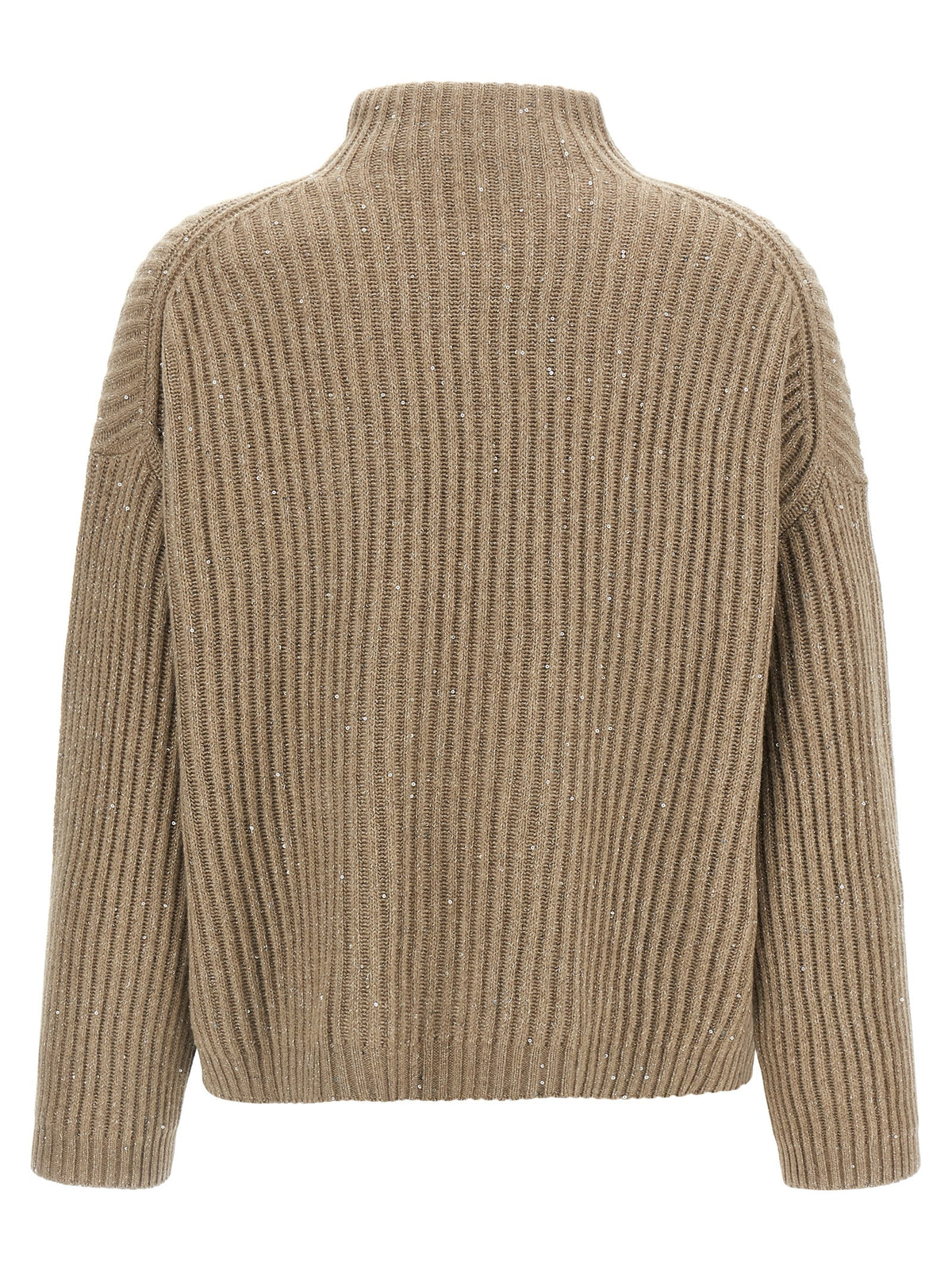 Elevate your wardrobe with the Brunello Cucinelli Beige Cashmere Cardigan, a masterpiece of luxurious cashmere and wool, adorned with shimmering micro-sequins for timeless elegance.
