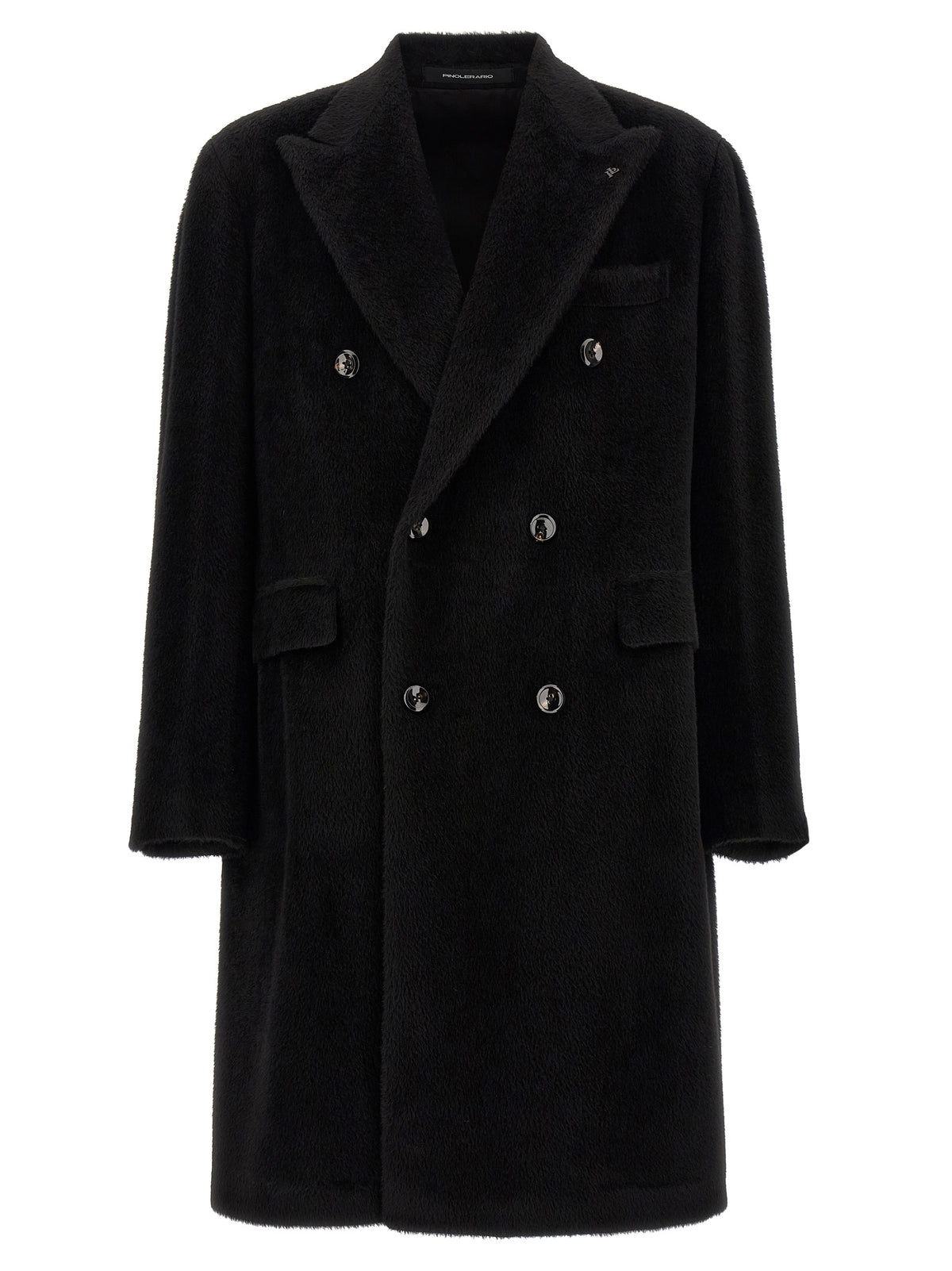 Experience the exquisite Tagliatore Black Alpaca Leather Coat, a masterful blend of alpaca and wool, embodying timeless elegance and sophistication for the discerning individual.
