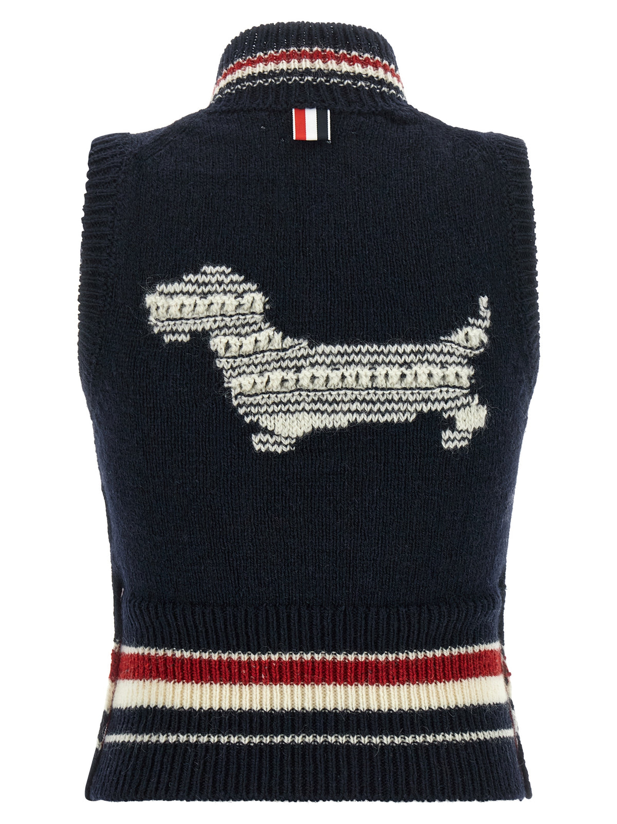 Elevate your wardrobe with the Thom Browne Blue Wool Sleeveless Jacket, a luxurious blend of wool and mohair that exudes sophistication and timeless elegance.