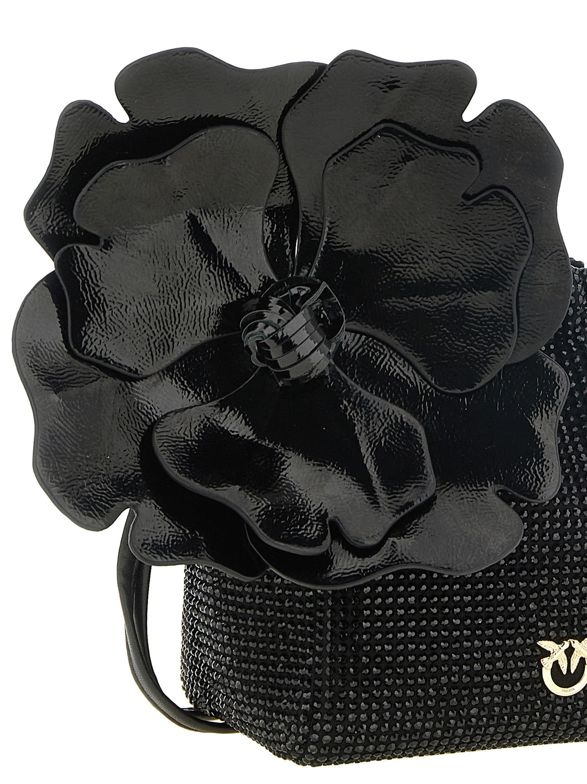 Discover the PINKO Black Polyethylene Clutch Bag, a stunning blend of opulence and artistry, adorned with rhinestones and a floral applique for unforgettable elegance.