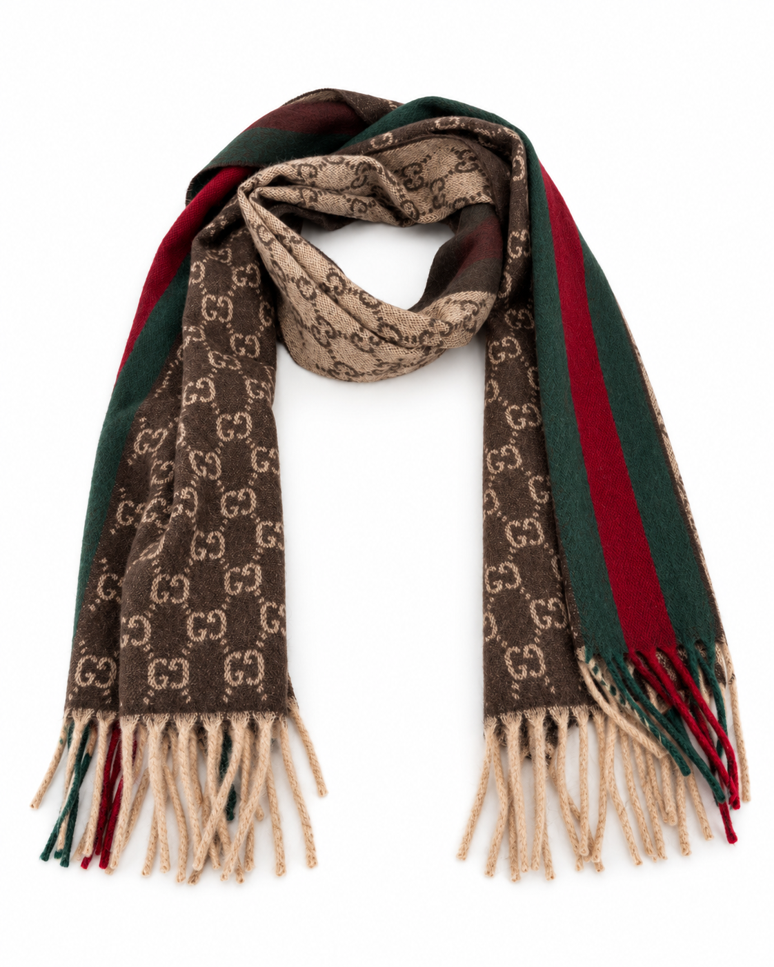 Indulge in the elegance of the Gucci Monogram Brown Cashmere & Wool Scarf, a timeless accessory crafted from a luxurious blend that embodies sophistication and warmth.