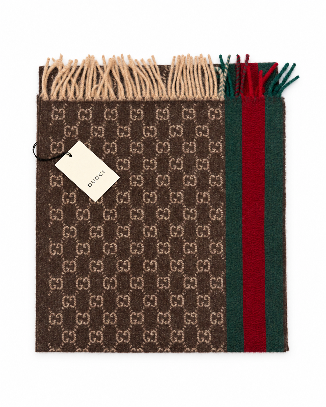 Indulge in the elegance of the Gucci Monogram Brown Cashmere & Wool Scarf, a luxurious blend of sophistication and warmth, perfect for the discerning individual.