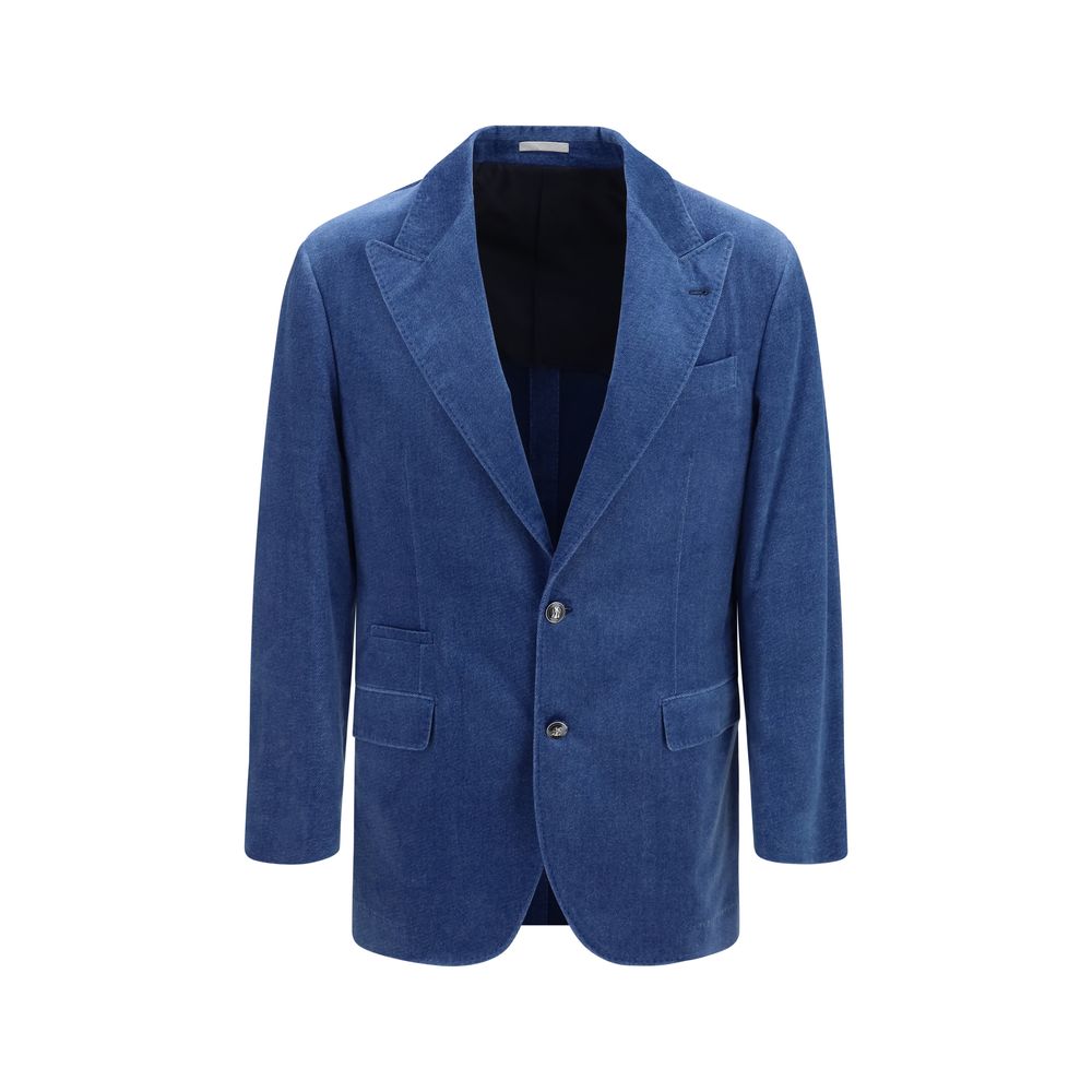 Indulge in the exquisite Brunello Cucinelli Blue Cotton Blazer, a masterful blend of soft cotton velvet and tailored elegance, perfect for the discerning individual.