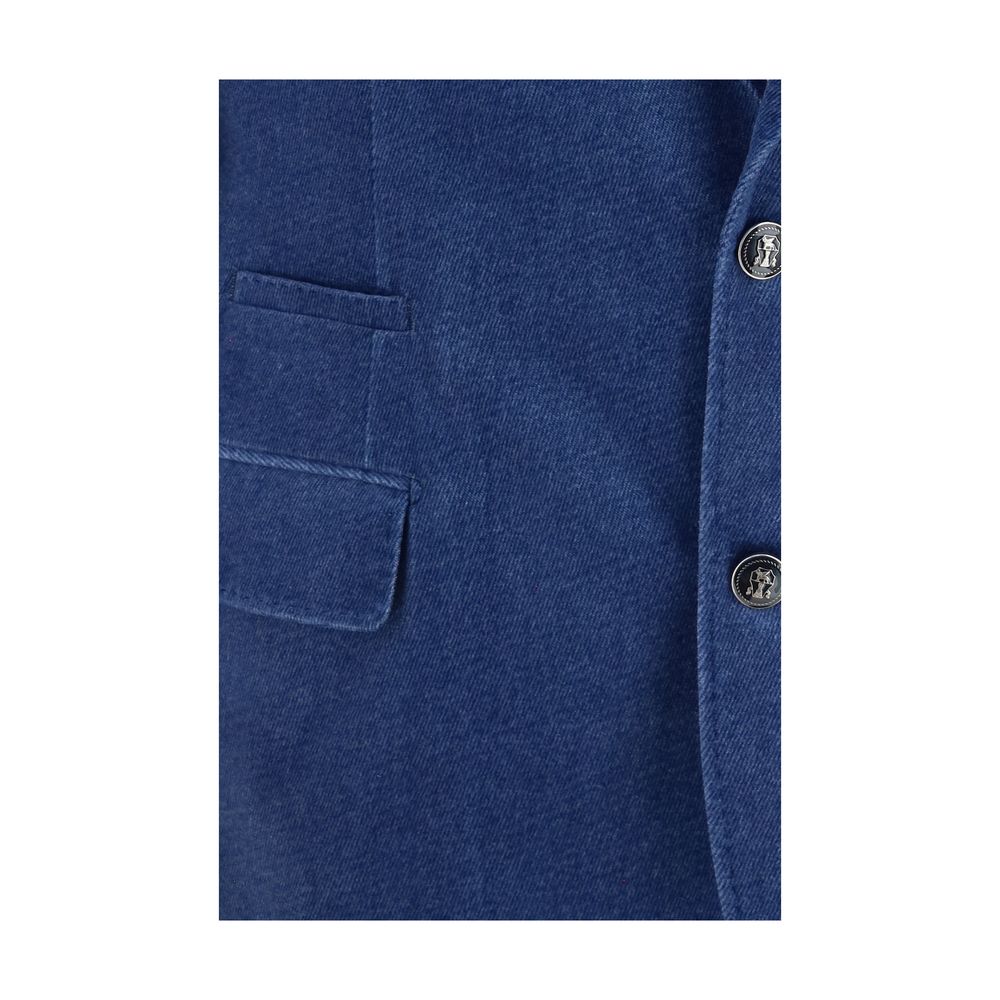 Indulge in the exquisite Brunello Cucinelli Blue Cotton Blazer, a masterful blend of soft cotton velvet and tailored elegance, perfect for the discerning connoisseur.