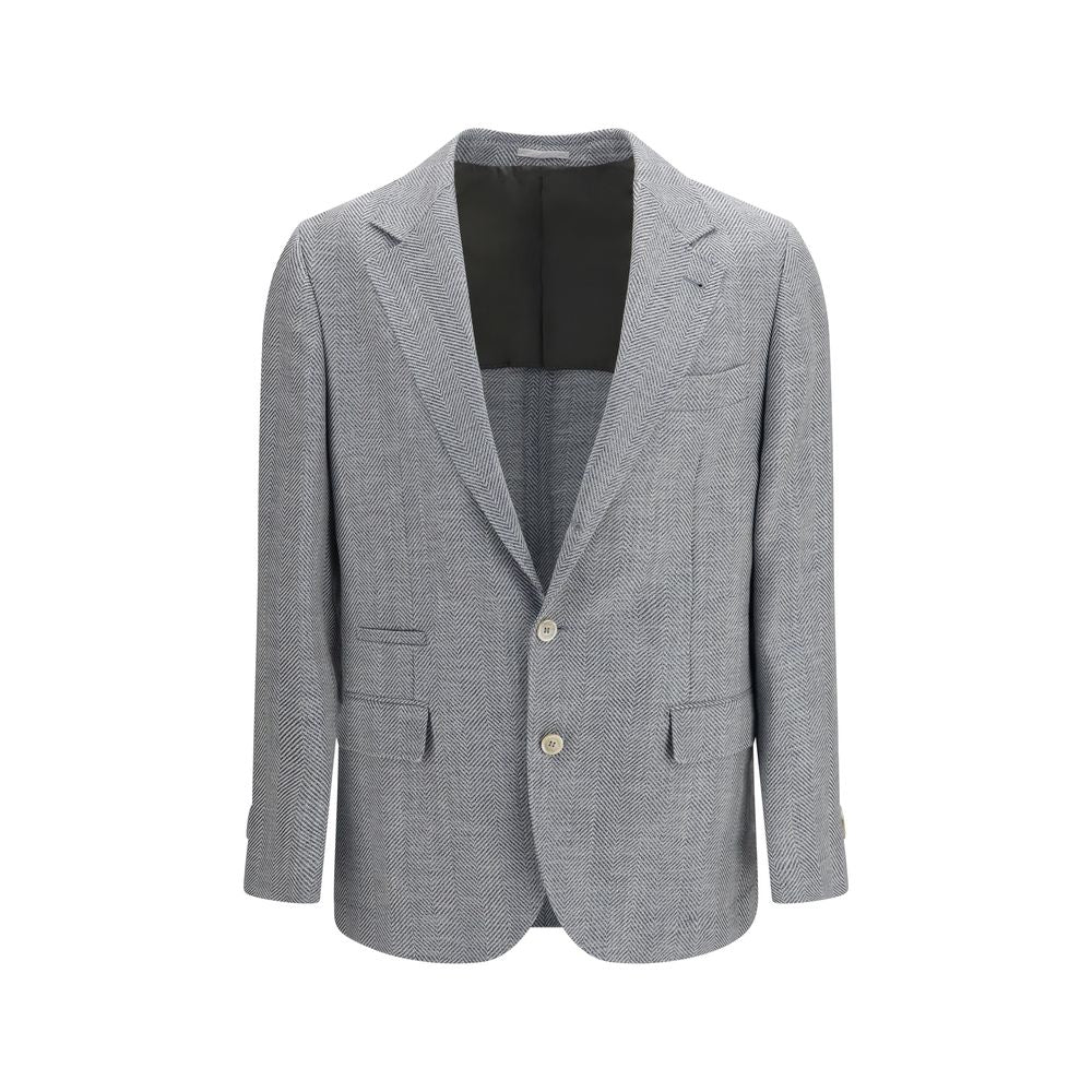 Experience the epitome of elegance with the Brunello Cucinelli Gray Wool Oves Aries Blazer, crafted from luxurious wool, alpaca, and silk for a sophisticated allure.