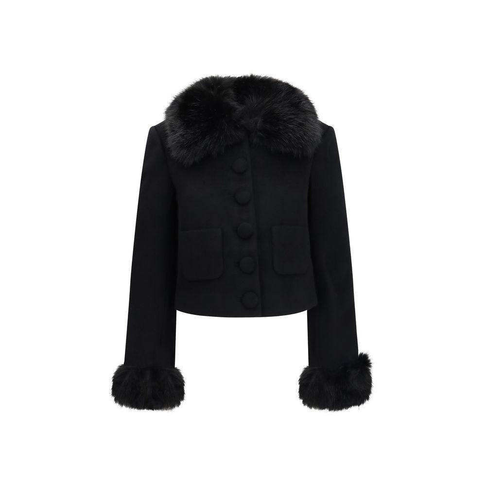 Elevate your wardrobe with the Self-Portrait Black Wool Oves Aries Full-Length Jacket, a refined blend of merino wool and polyamide, featuring luxurious faux fur cuffs for an exquisite touch.