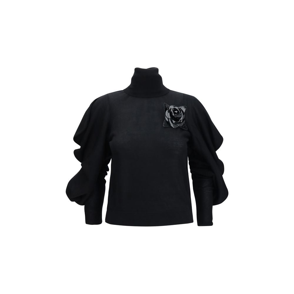 Blumarine Black Wool Turtleneck with Elegant Flower Brooch
