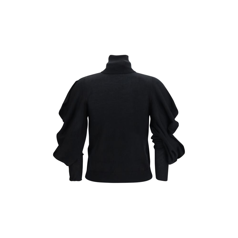 Blumarine Black Wool Turtleneck with Elegant Flower Brooch