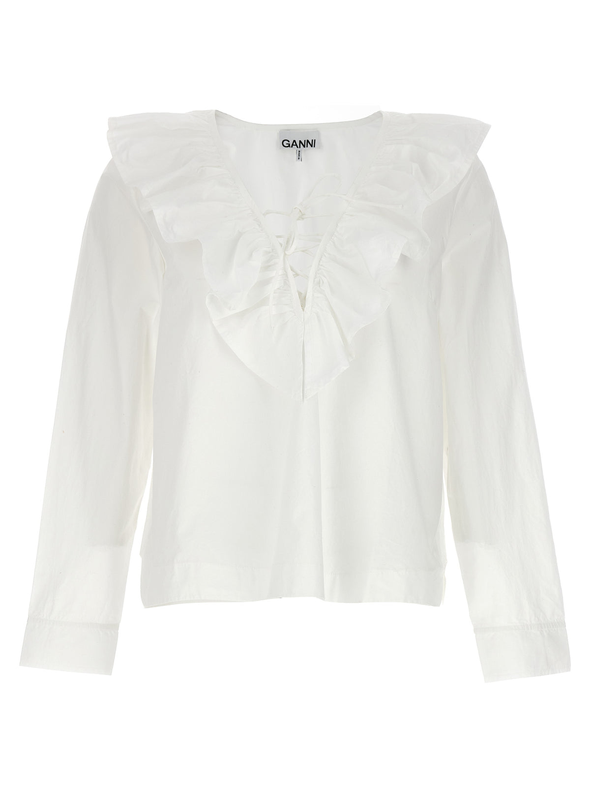 Elevate your elegance with the Ganni White Cotton Blouse, a masterpiece of chic design and luxurious comfort, perfect for the discerning wardrobe.