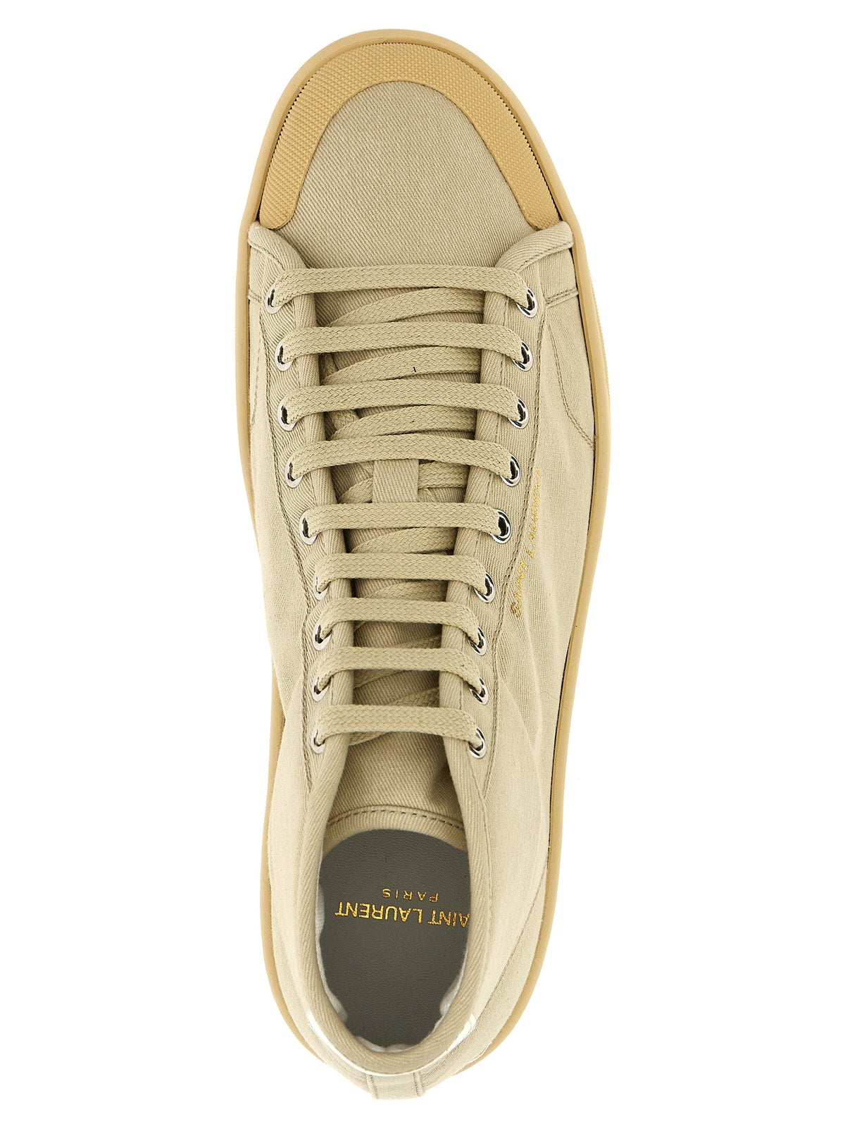 Elevate your style with Saint Laurent's Court Classic Beige Cotton High Top Sneakers, where bold luxury meets contemporary design, perfect for the discerning fashion connoisseur.