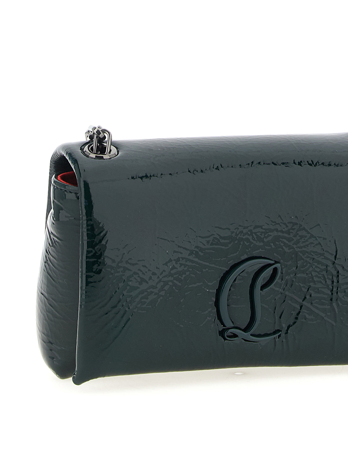 Elevate your style with the Christian Louboutin Bicolor Calfskin Crossbody Bag, a luxurious fusion of vibrant green patent leather and exquisite Italian craftsmanship.