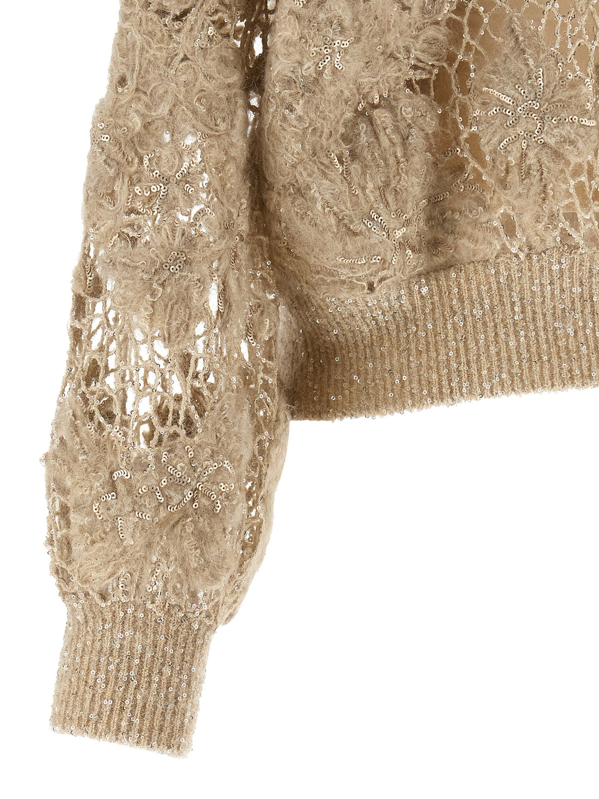 Indulge in the exquisite Brunello Cucinelli Beige Wool Cardigan, a luxurious blend of mohair and wool, adorned with delicate floral embroidery for an elevated winter essential.