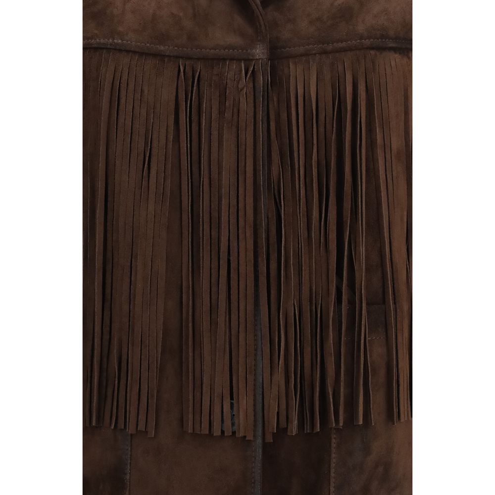 Indulge in the exquisite artistry of the Golden Goose Suede Fringed Leather Jacket, a timeless piece crafted from luxurious suede, embodying Western elegance and sophistication.