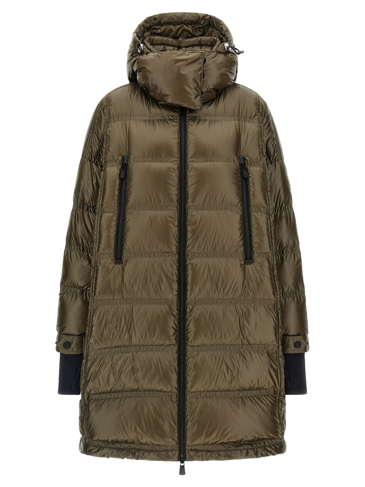 Experience the Moncler Grenoble Bicolor Polyamide Coat, a masterpiece of craftsmanship in olive green, blending luxury and functionality for the discerning individual.