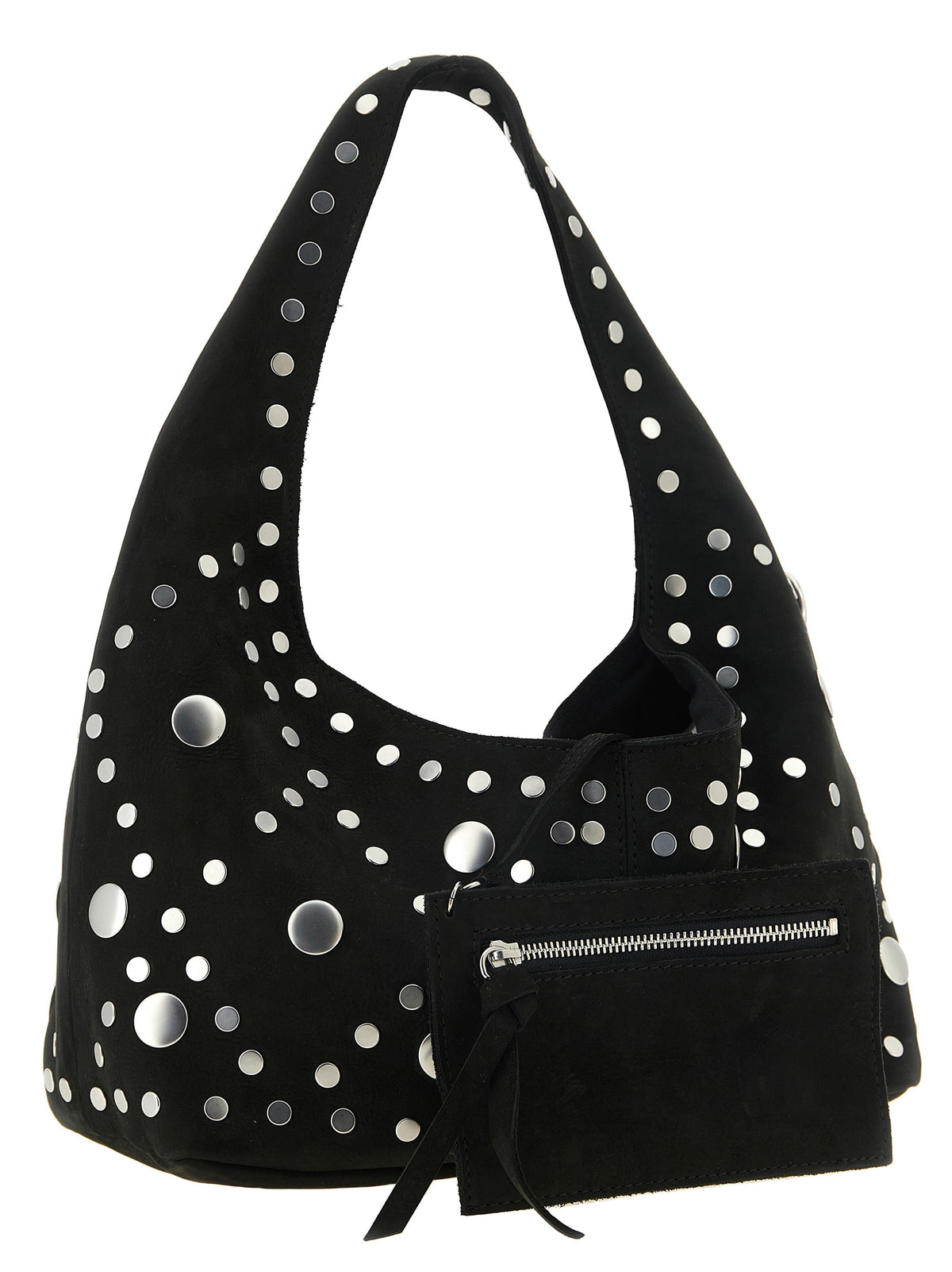 Elevate your style with the Vivienne Westwood ‘Ellie’ shoulder bag, a masterpiece of black suede and silver studs, embodying bold luxury and timeless elegance.