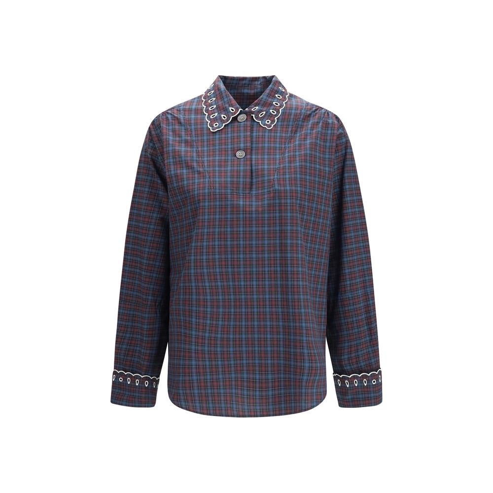 Elevate your wardrobe with the Marni Blue Cotton Pattern Shirt, a masterful blend of checked cotton and exquisite broderie anglaise, embodying timeless luxury and effortless elegance.