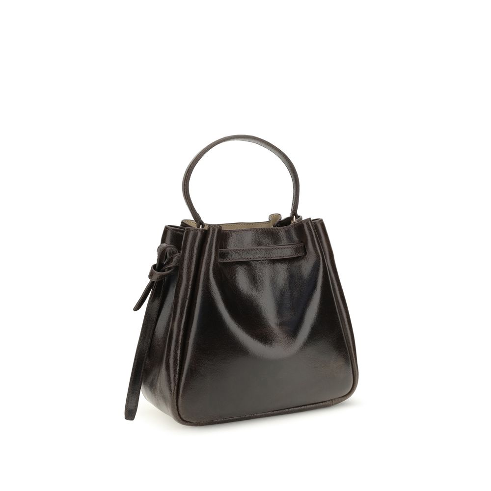 Discover the Tory Burch Brown Calf Leather Bos Taurus Backet Bag, expertly crafted from waxed suede, merging timeless elegance with modern functionality for the discerning individual.