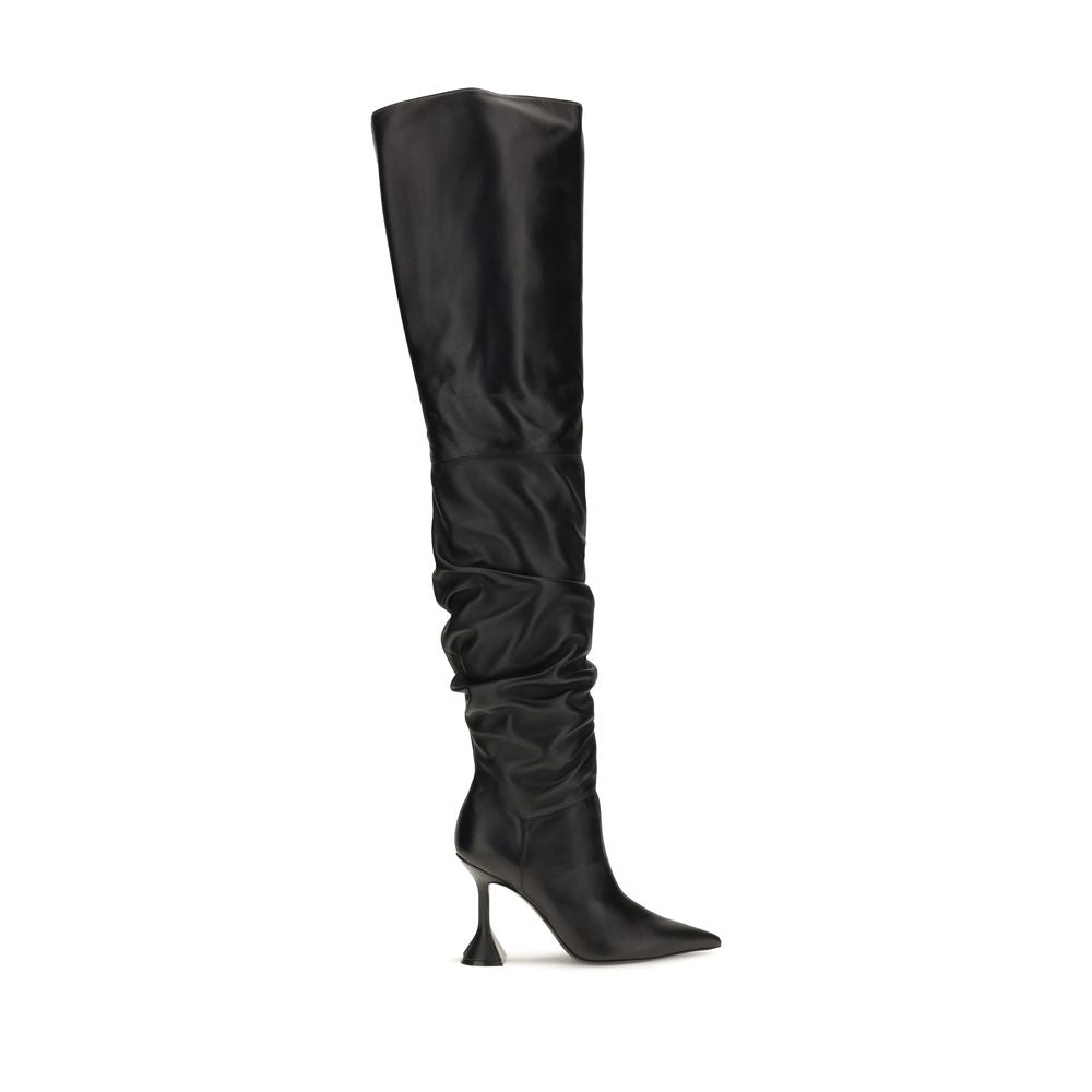 Elevate your style with Amina Muaddi's Black Calf Leather Over The Knee Boots, a masterpiece of craftsmanship that embodies luxury and sensual allure for the discerning individual.