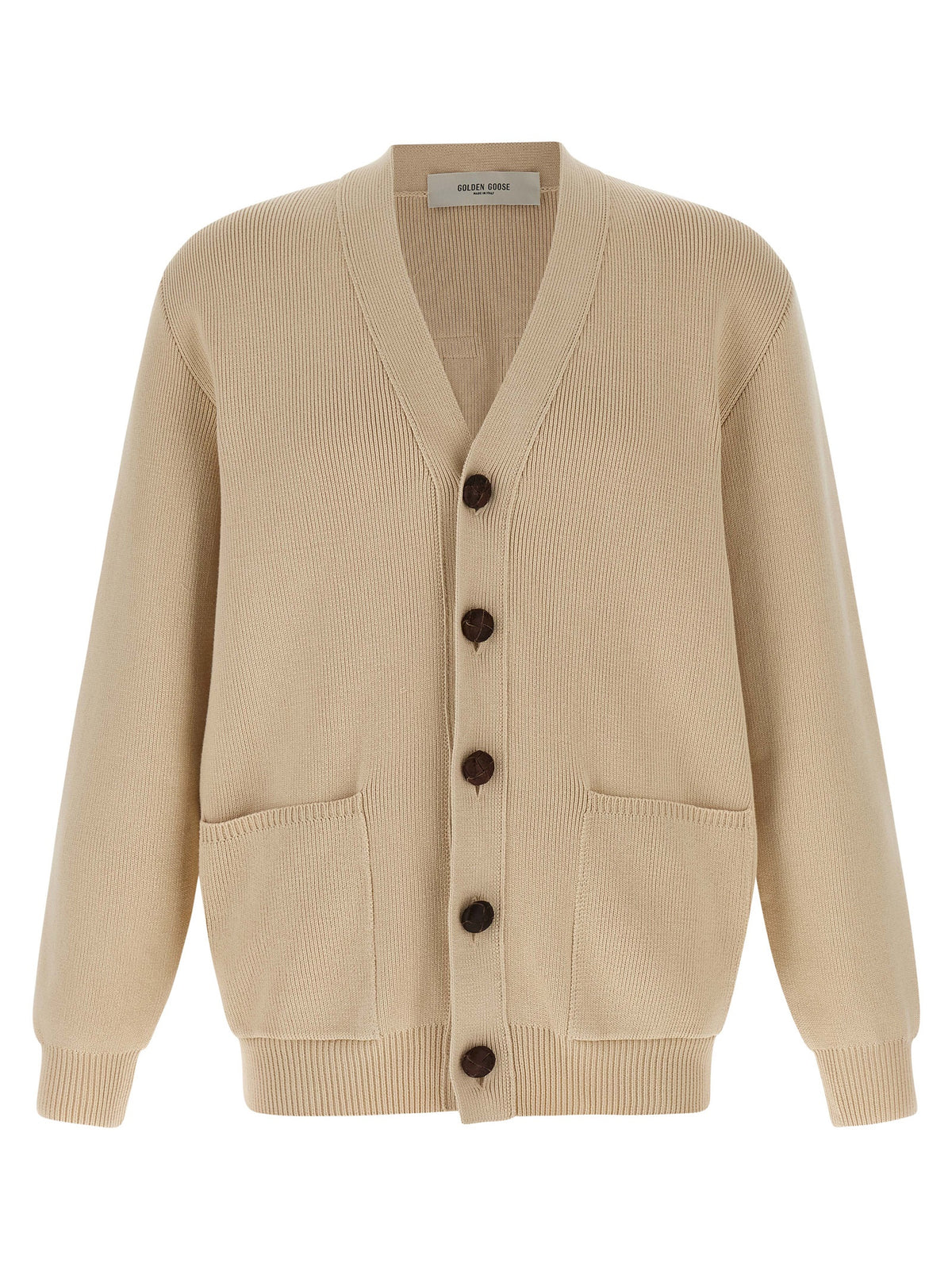 Indulge in the elegance of the Golden Goose Beige Cotton Cardigan, a blend of luxurious cotton and sophisticated design, perfect for those who appreciate timeless style.