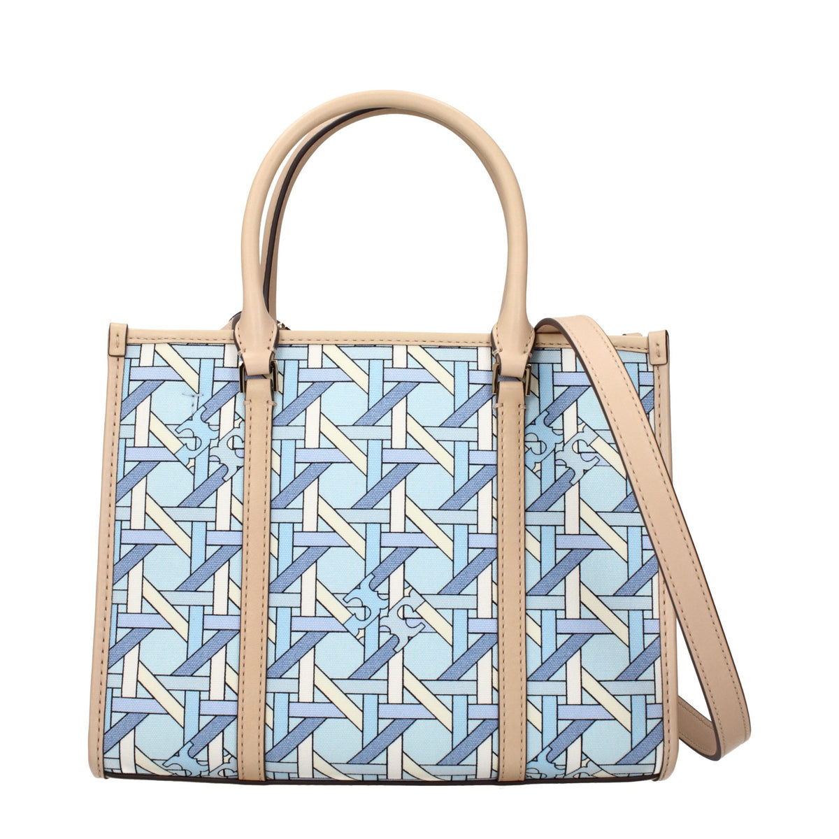 Elevate your style with the Tory Burch Light Blue Fabric Handbag, a masterpiece of exquisite craftsmanship and timeless elegance, perfect for the discerning individual.