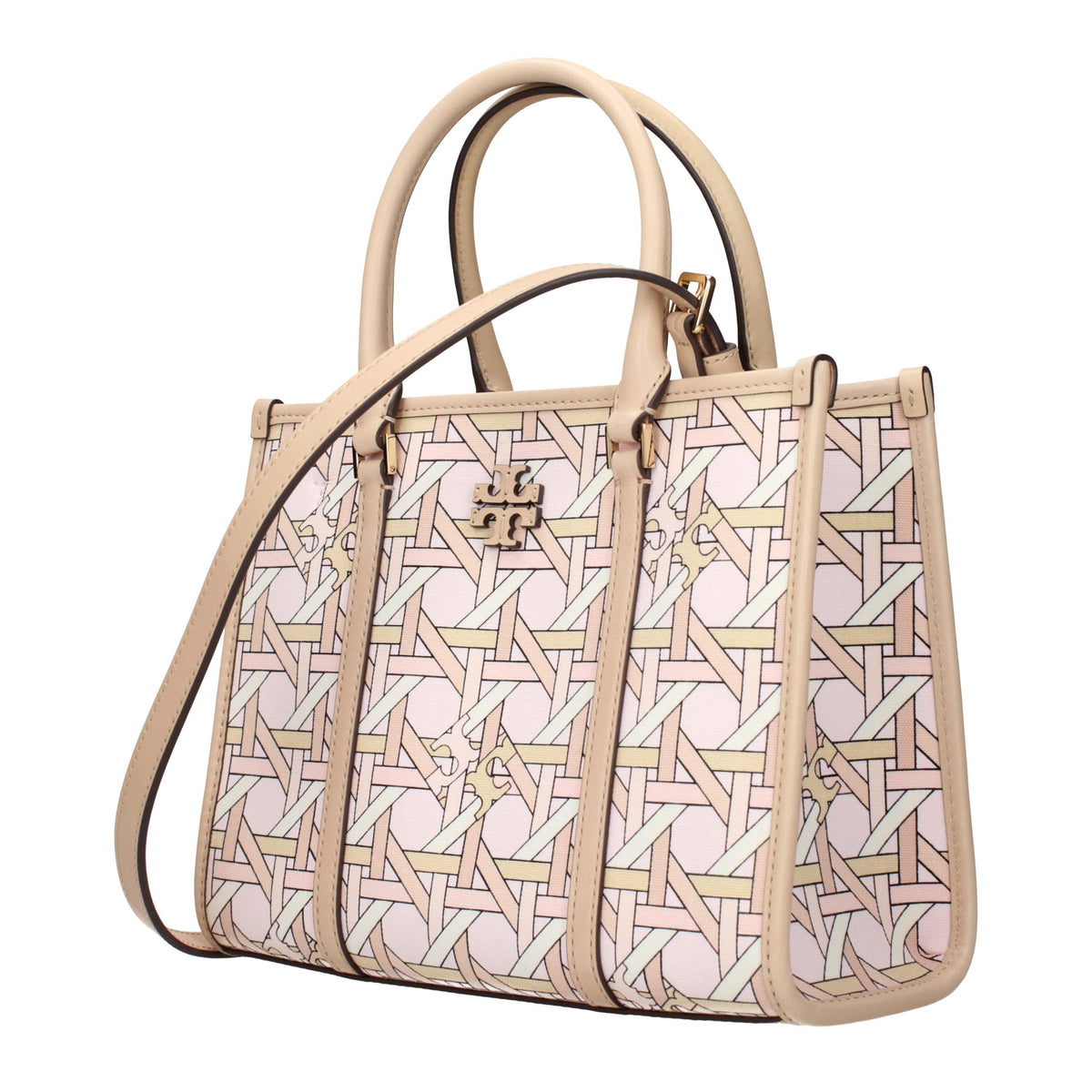 Indulge in the Tory Burch Pink Fabric Handbag, a masterpiece of luxurious design and exquisite craftsmanship, perfect for elevating any ensemble with sophistication.