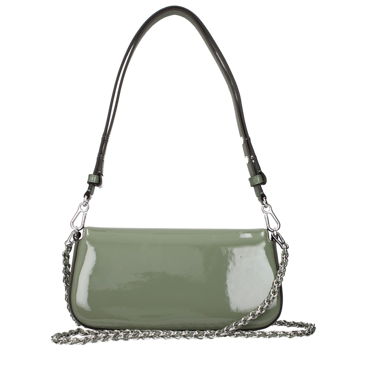 Indulge in the Tory Burch Green Leather Shoulder Bag, a masterpiece of patent leather elegance, designed for those who embody sophistication and timeless allure.