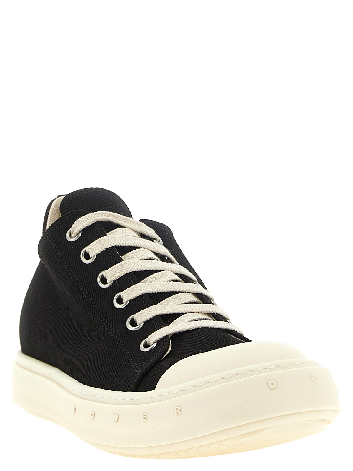 Elevate your style with DRKSHDW Black Cotton Low Top Sneakers, where structured denim canvas meets iconic design, embodying luxury and bold individuality.