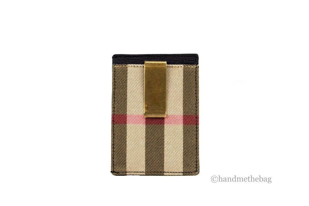 Elevate your style with the Burberry House Check Chase Money Clip Card Case, a masterpiece of pebbled leather and canvas, merging sophistication with practical elegance.