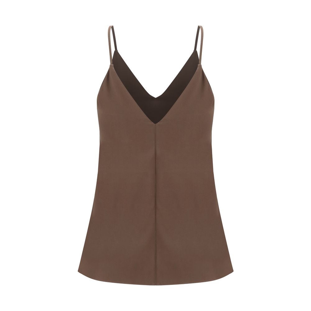 Elevate your wardrobe with the Brunello Cucinelli Brown Silk Sleeveless T-Shirt, crafted from luxurious silk satin for timeless elegance and effortless sophistication.