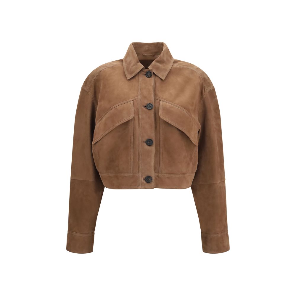 Indulge in the exquisite Brunello Cucinelli Brown Calf Leather Bos Taurus Leather Jacket, a masterpiece of soft suede and timeless elegance, perfect for sophisticated wardrobes.