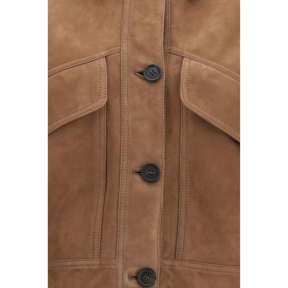 Indulge in the exquisite Brunello Cucinelli Brown Calf Leather Bos Taurus Leather Jacket, a masterpiece of soft suede craftsmanship that redefines timeless elegance for every occasion.