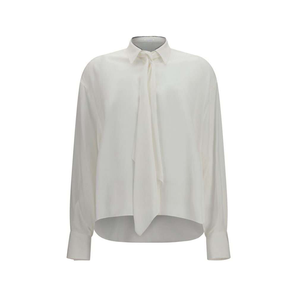 Indulge in the exquisite Brunello Cucinelli White Silk Dress Shirt, crafted from pure silk for a luxurious touch that elevates your elegance and sophistication.