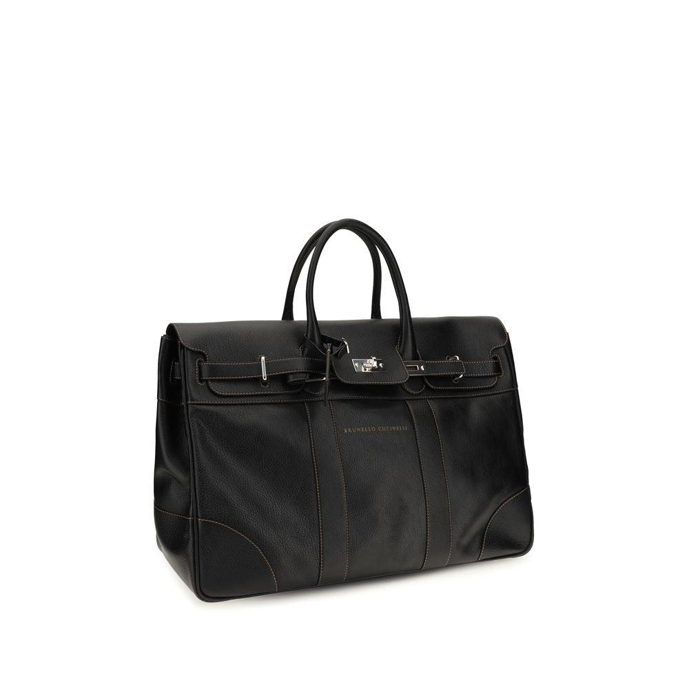 Brunello Cucinelli Black Calf Leather Travel Bag for Discerning Tastes