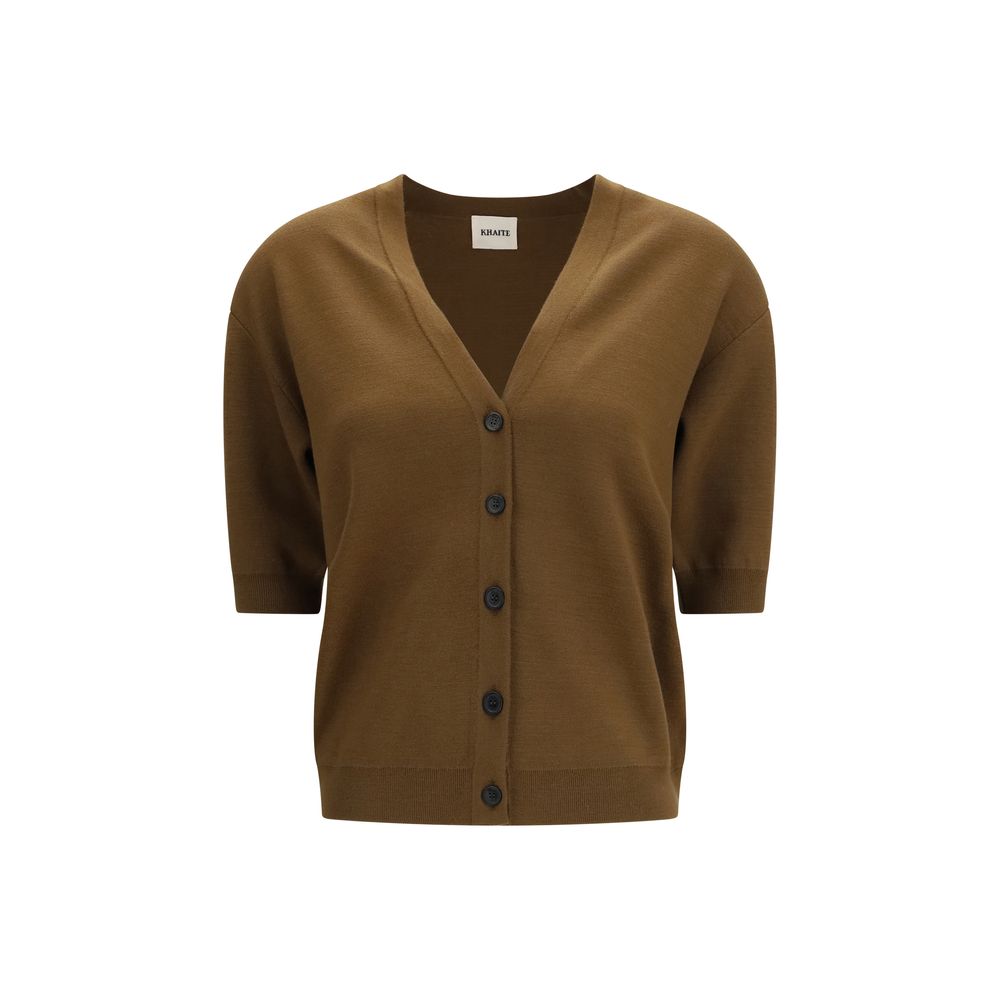 Indulge in the Khaite Brown Wool Oves Aries Cardigan, crafted from luxurious fleece wool, embodying sophistication and effortless elegance for the discerning individual.