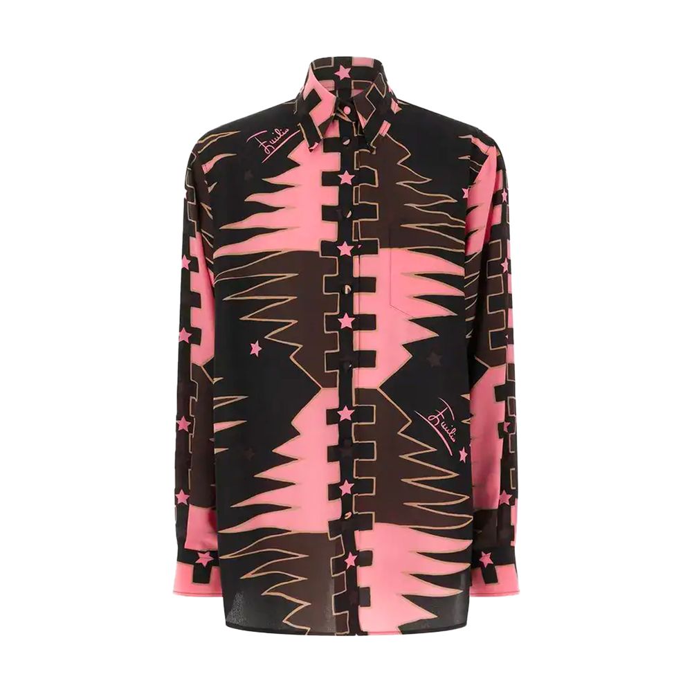 Indulge in the Emilio Pucci Valdimontone Print Oversized Silk Shirt, a luxurious blend of silk crêpe de Chine and exquisite artistry, perfect for the discerning individual.