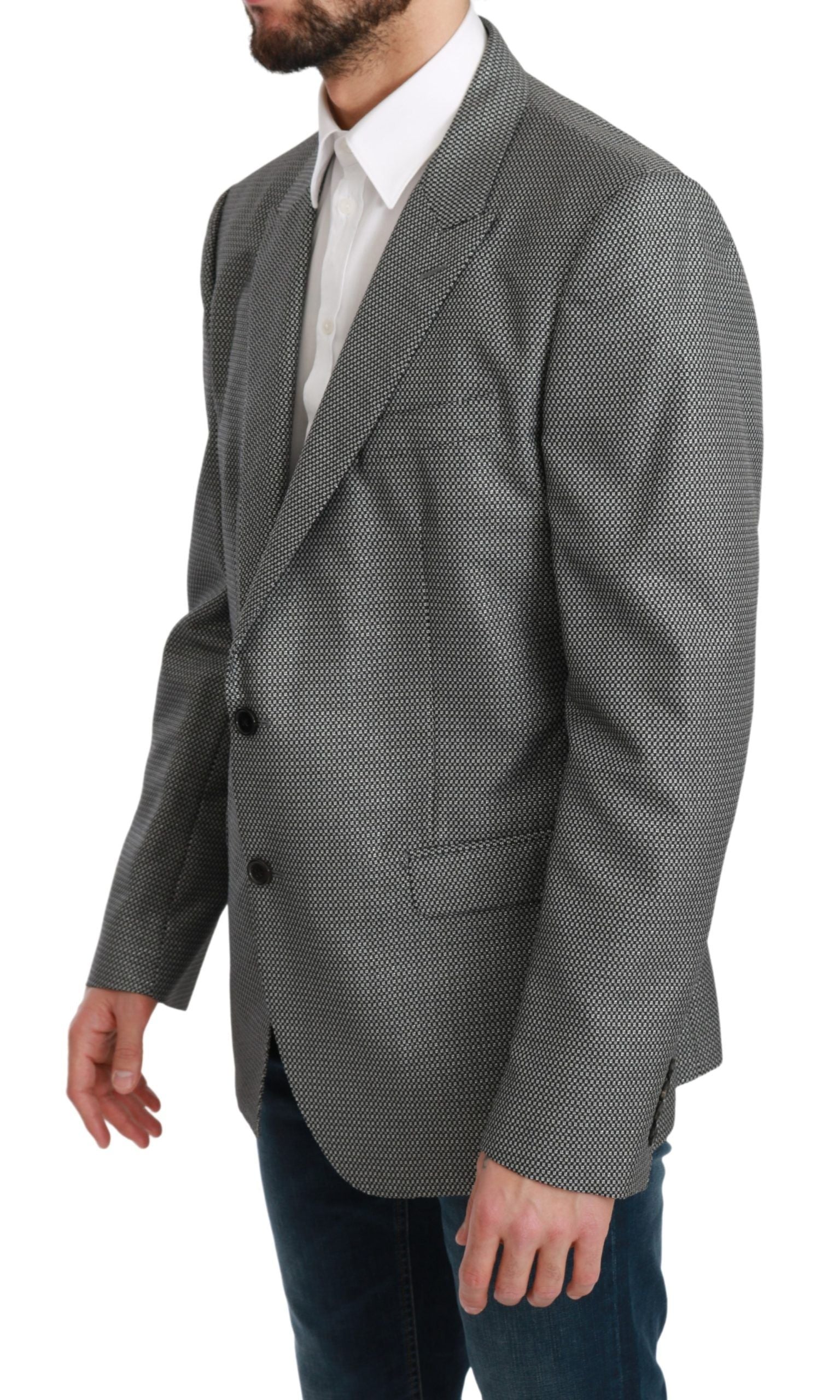 Elevate your style with the Dolce & Gabbana Gray Slim Fit Formal MARTINI Blazer, crafted from a luxurious blend for timeless sophistication and unparalleled elegance.