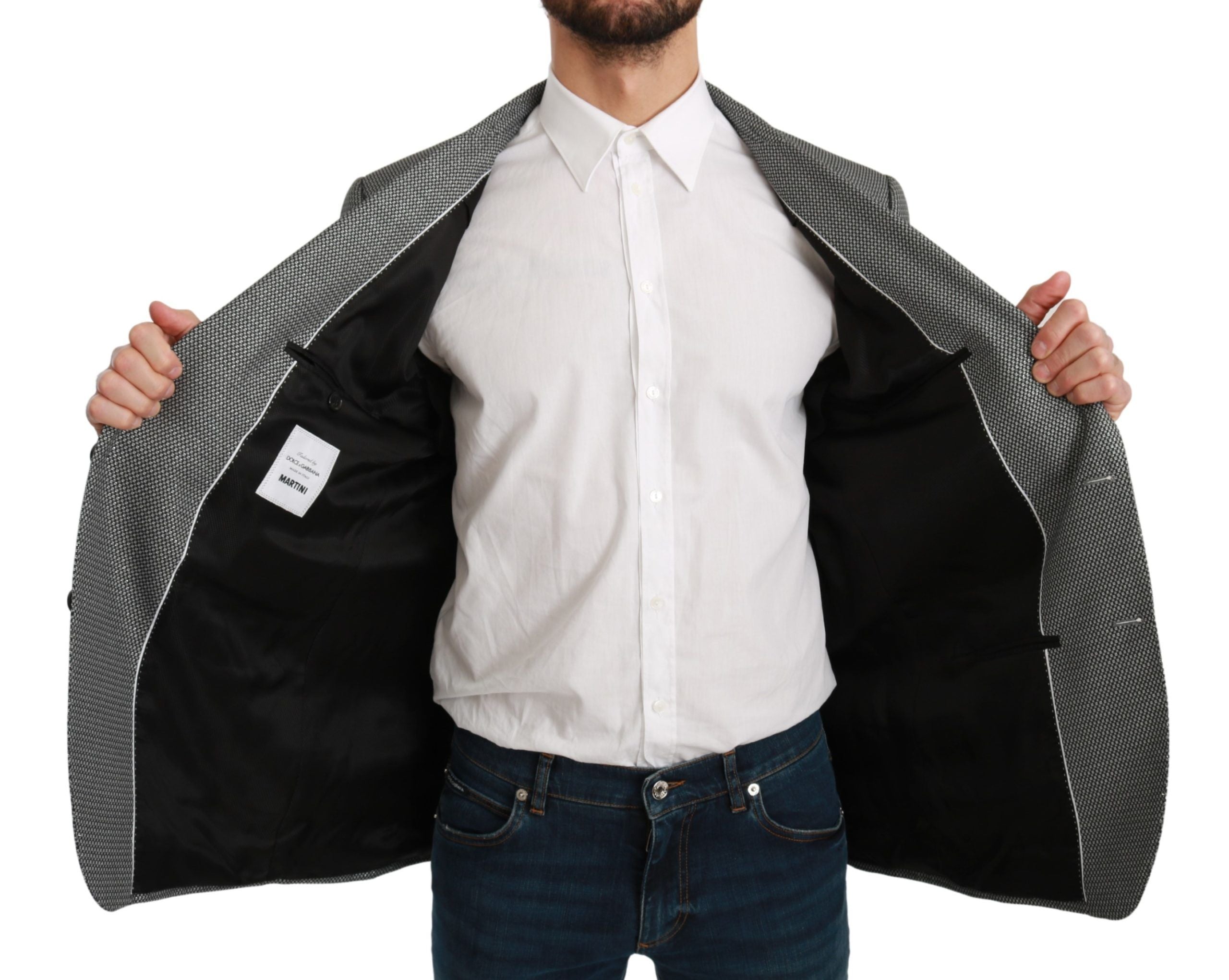 Elevate your elegance with the Dolce & Gabbana Gray Slim Fit Formal MARTINI Blazer, a masterpiece of Italian craftsmanship blending luxury fabrics for timeless allure.
