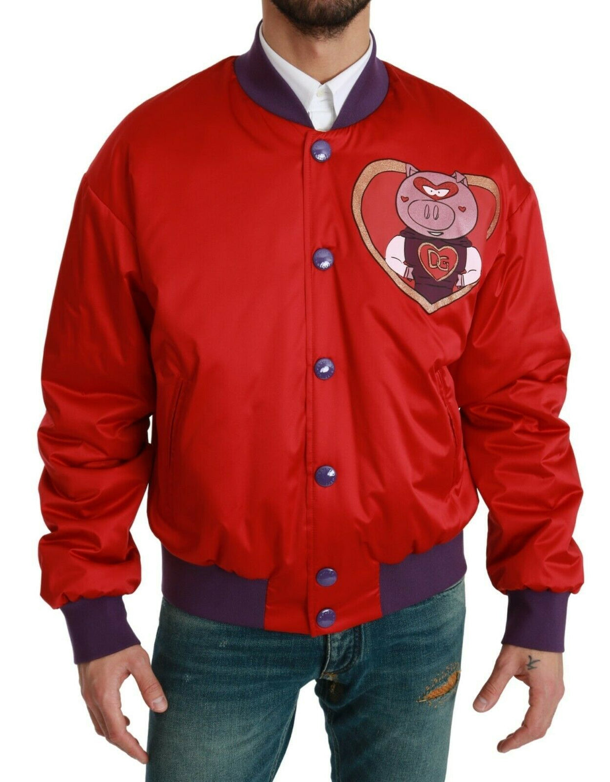 Discover the exquisite Dolce & Gabbana Red YEAR OF THE PIG Bomber Jacket, a luxurious blend of artistry and comfort, crafted from premium polyester for the discerning individual.