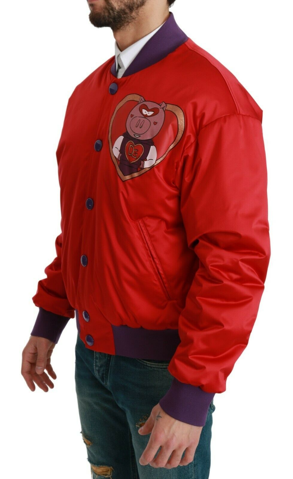 Indulge in the exquisite Dolce & Gabbana Red YEAR OF THE PIG Bomber Jacket, crafted from premium polyester, blending luxury and vibrant artistry for an elevated style statement.