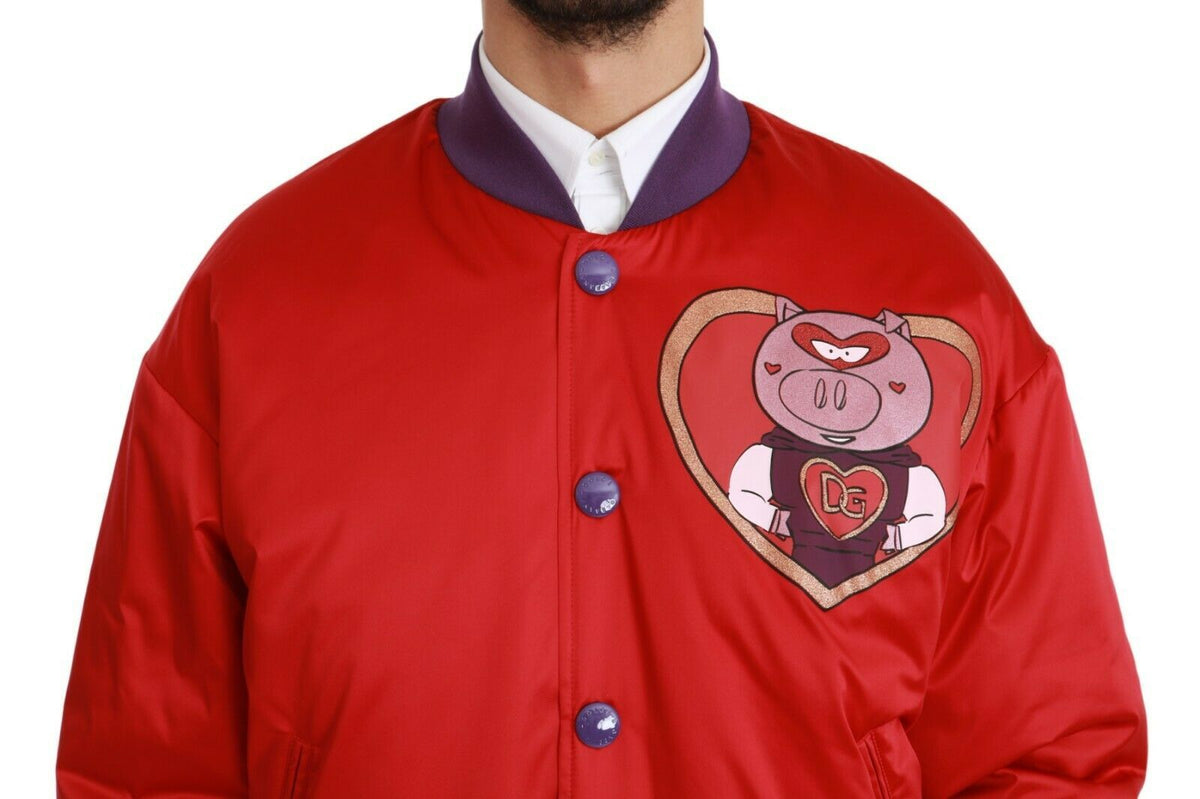 Elevate your wardrobe with the Dolce & Gabbana Red YEAR OF THE PIG Bomber Jacket, a luxurious blend of artistry and comfort, crafted for the discerning individual.