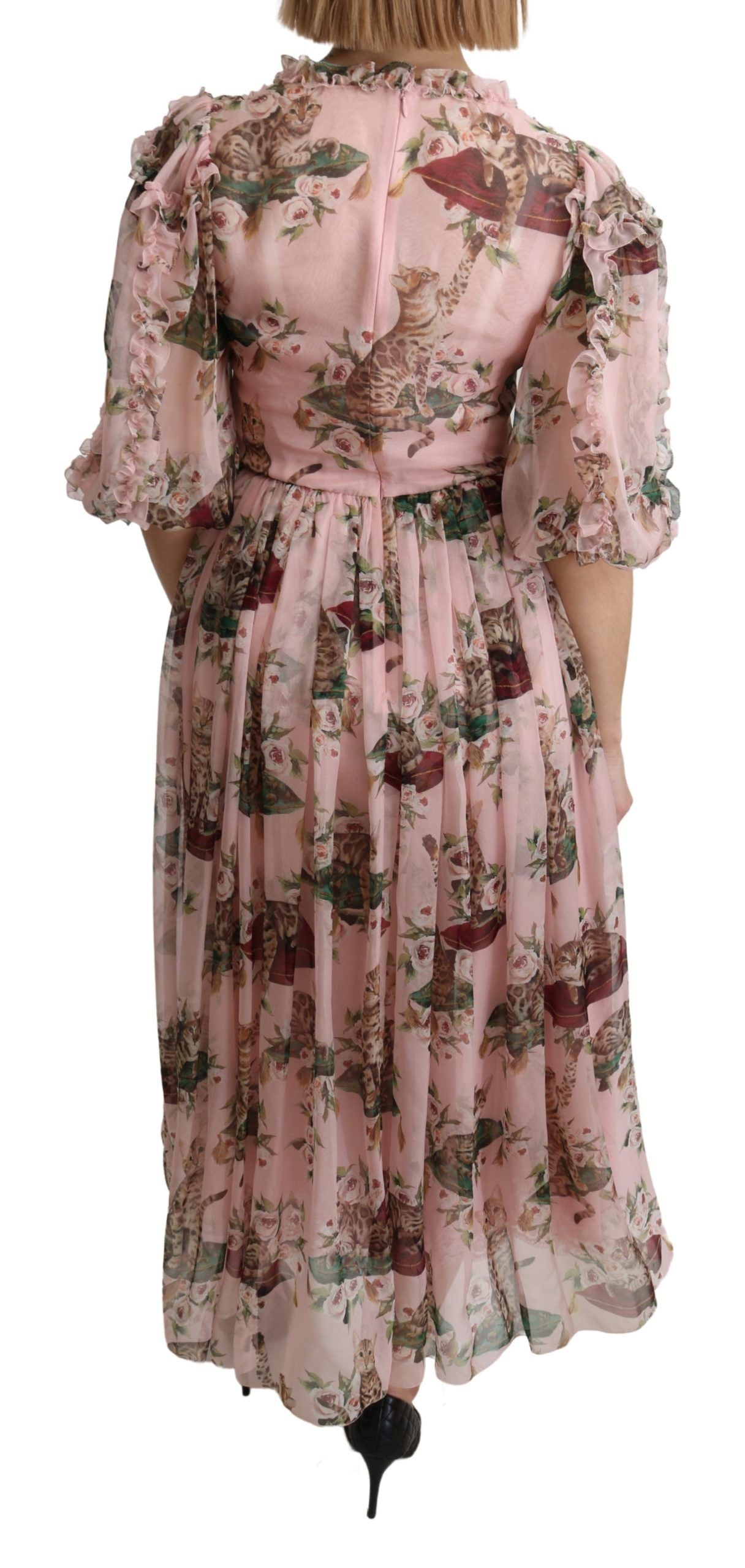 Dolce & Gabbana Pink Bengal Cat Print A-line Maxi Silk Dress