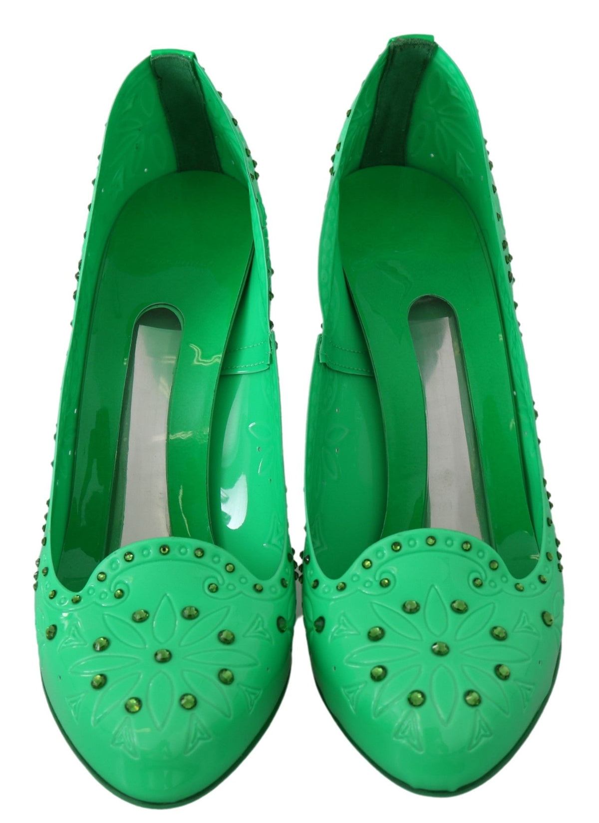 Indulge in the exquisite Dolce & Gabbana Green Crystal Floral CINDERELLA Heels, where Italian craftsmanship meets ethereal elegance, perfect for unforgettable moments.