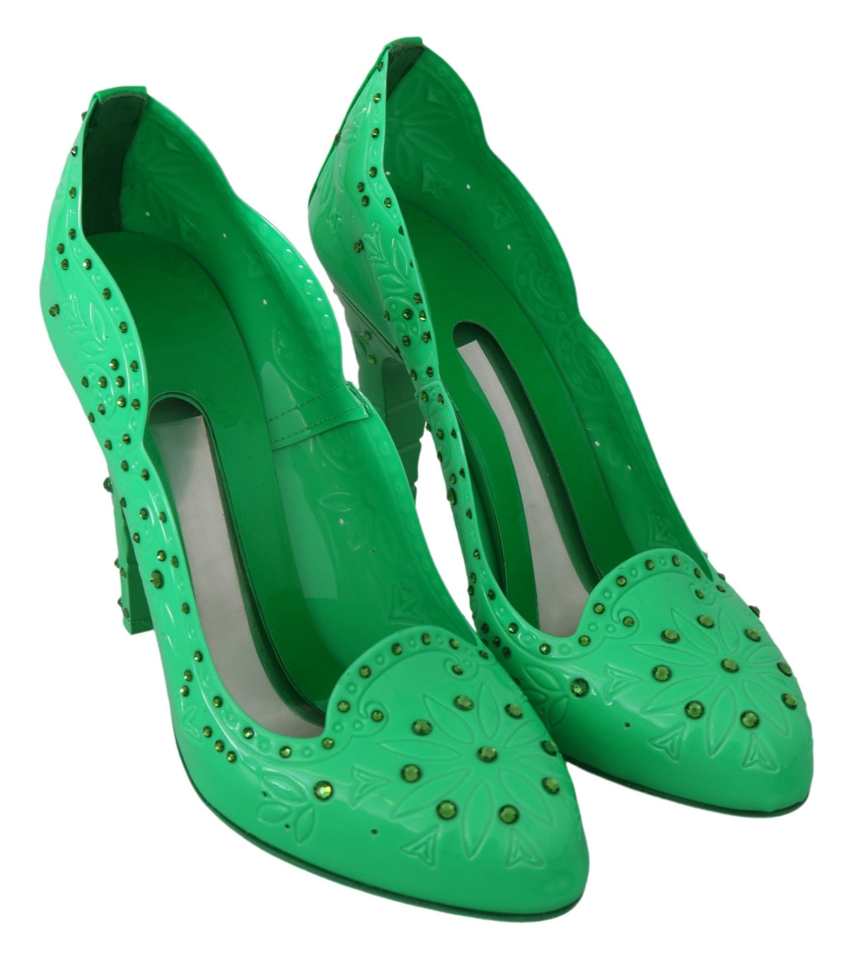 Indulge in the exquisite Dolce & Gabbana Green Crystal Floral CINDERELLA Heels, a masterpiece of Italian craftsmanship that elevates your elegance and allure.